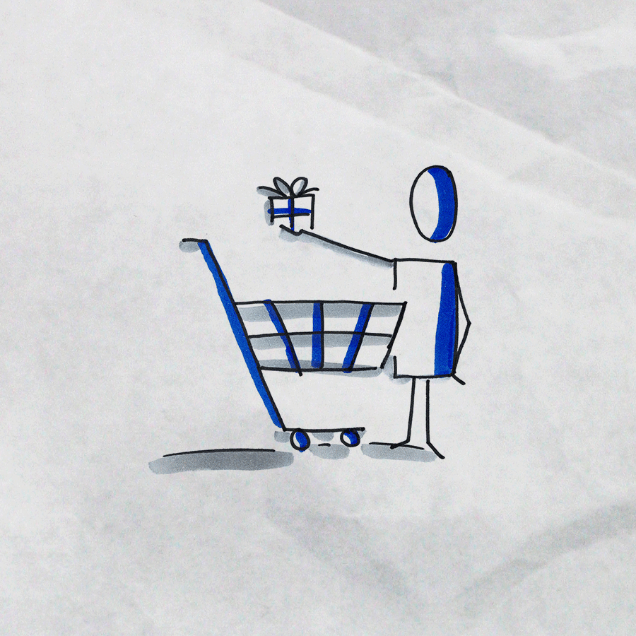 Illustration: Figur mit Einkaufswagen und Geschenk